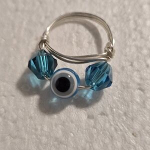Silver and Blue Beaded Eye Ring